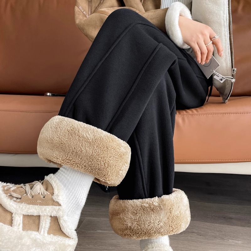 加厚羊羔绒直筒阔腿裤女加绒运动香蕉裤新款百搭冬季通勤休闲女裤