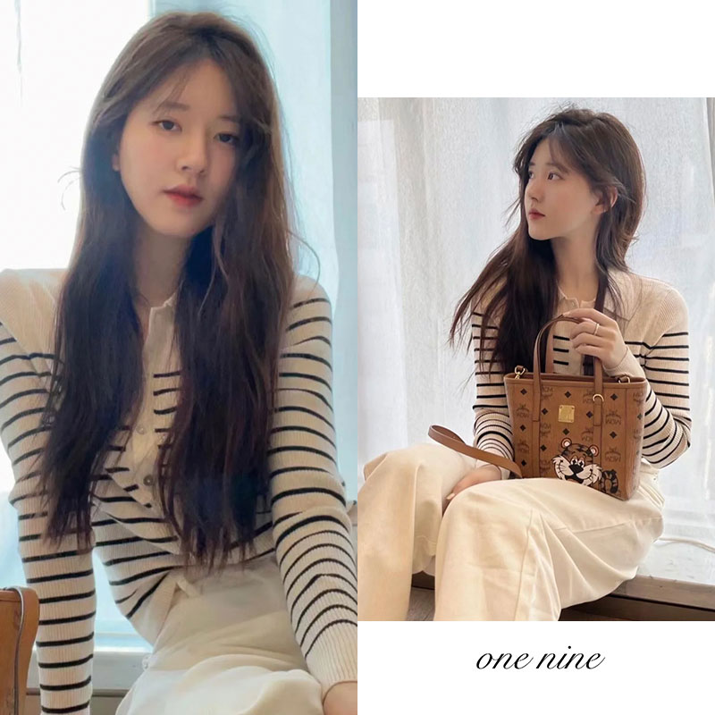 POLO领条纹毛衣女秋冬复古气质修身显瘦打底针织衫洋气外套上衣秋