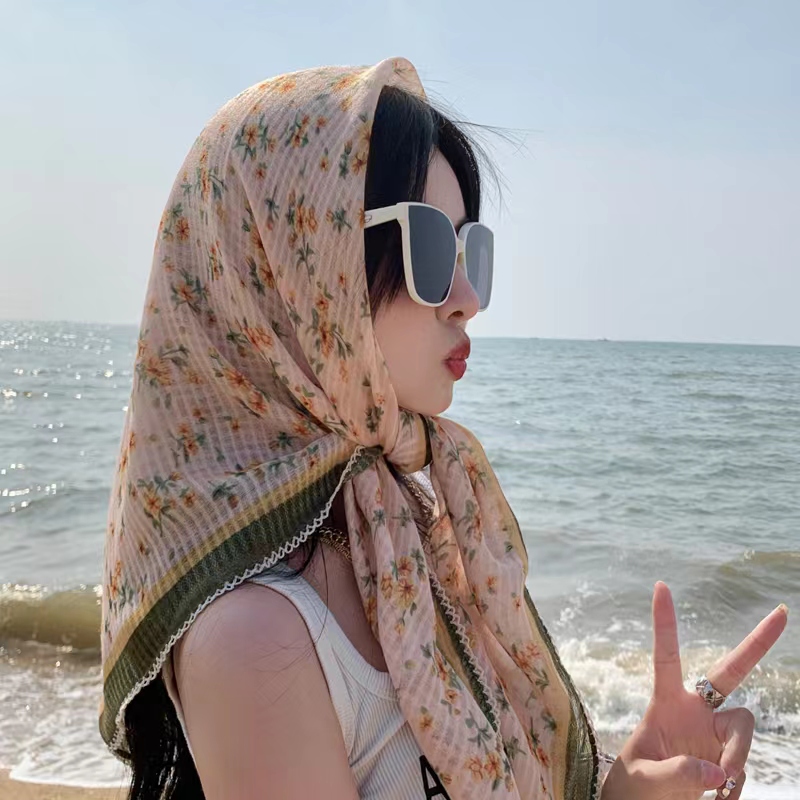 大方巾90x90cm棉麻手感清新小碎花遮阳防晒包头巾法式百搭围巾女