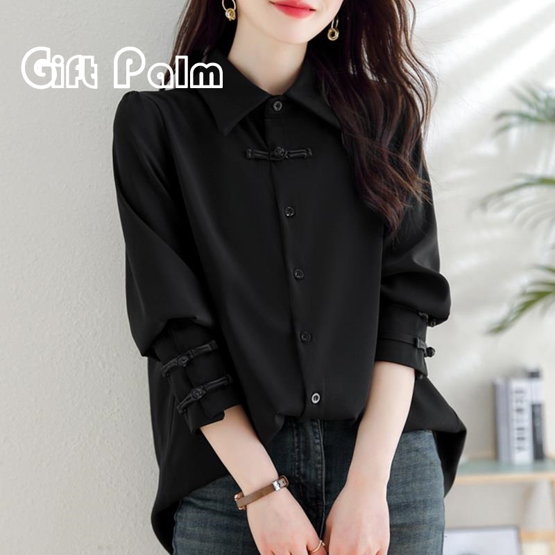 GiftPalm新中式国风衬衫女春秋2024新款大码胖mm中长款遮屁股上衣