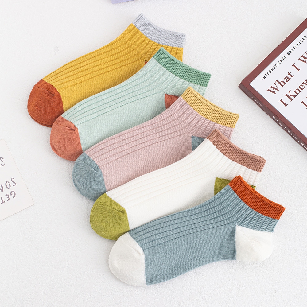 夏季短筒女袜双针彩色女船袜浅口清新拼色女袜短腰女士高含棉袜子