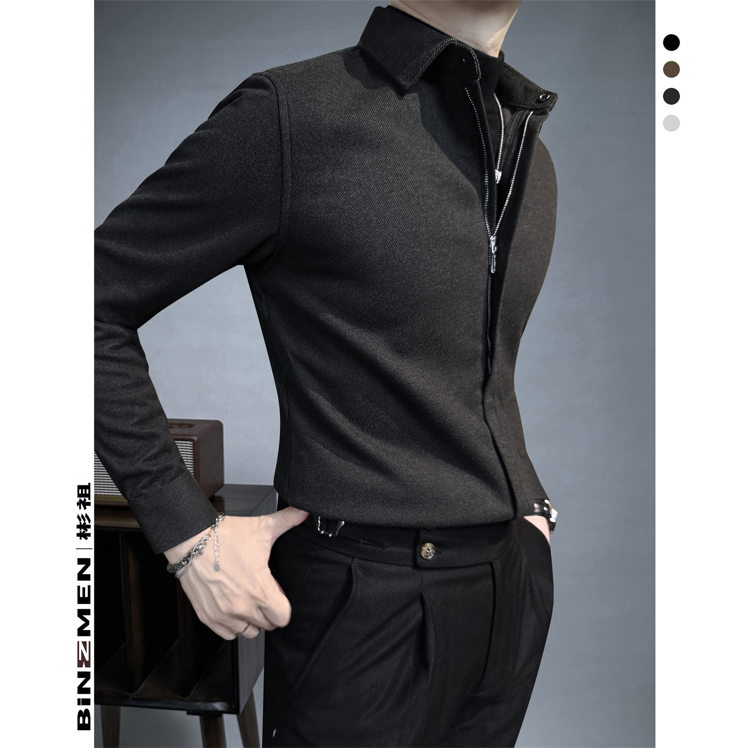 拉链扣假两件衬衫男款秋冬毛呢外套男装外套痞帅保暖搭子男士衬衣