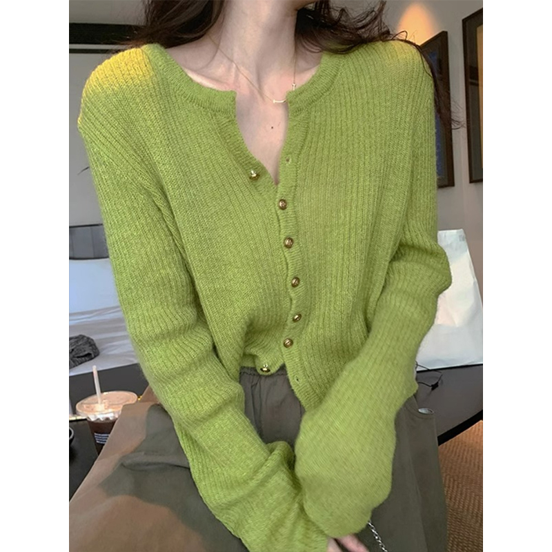 温柔慵懒风软糯圆领针织开衫女秋冬薄款长袖上衣百搭毛衣小外套