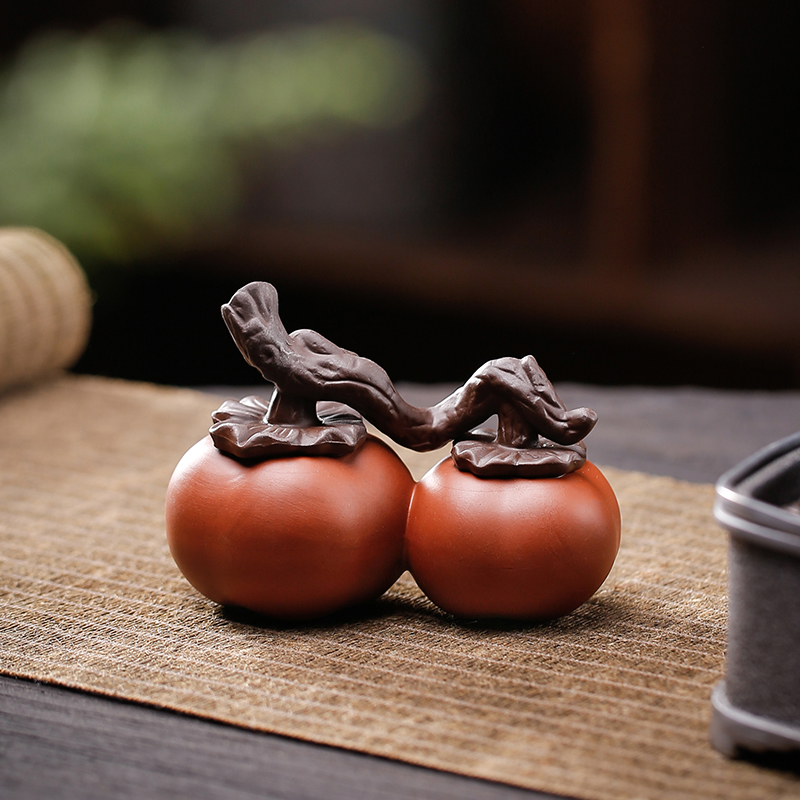 创意柿柿如意摆件柿子客厅桌面茶台装饰品陶瓷工艺品好柿成双茶宠