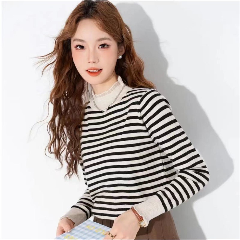 条纹蕾丝半高领针织打底衫长袖洋气时尚百搭薄款上衣女A141