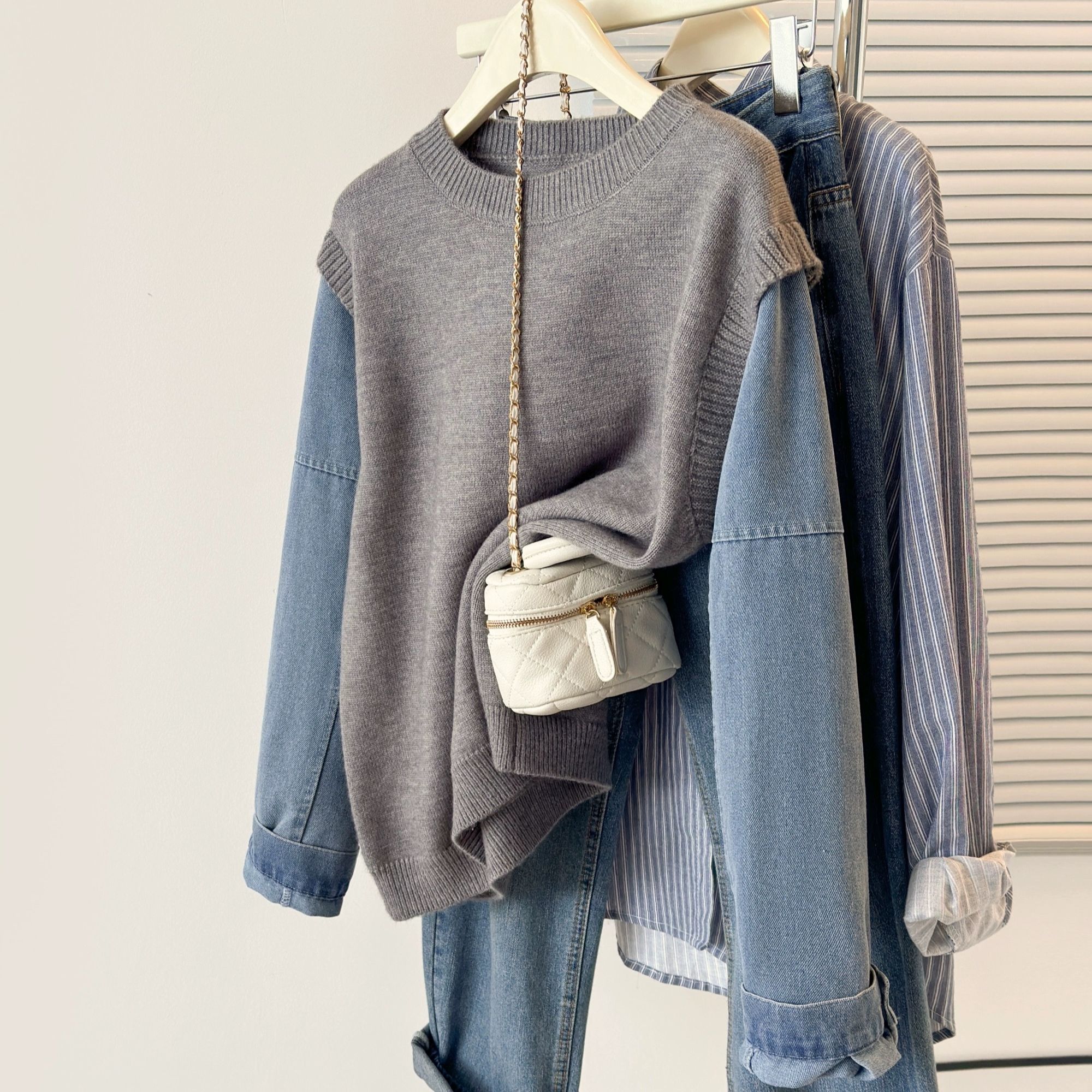 【运费补贴】慵懒风毛衣假两件上衣女秋冬新款牛仔袖拼接针织衫A104