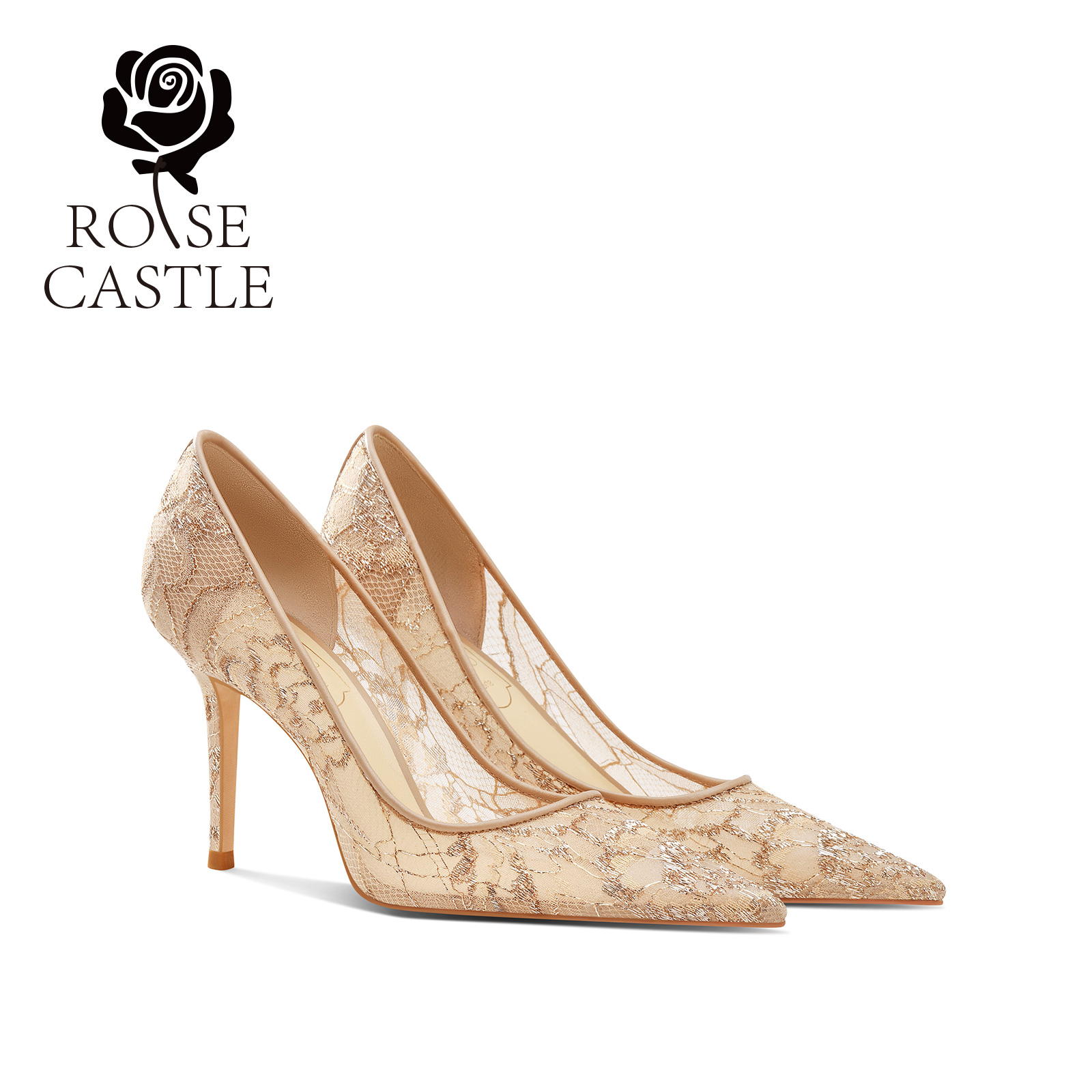 梦幻银河rosecastle婚宴鞋 蕾丝网纱金色高跟单鞋宴会礼服旗袍鞋