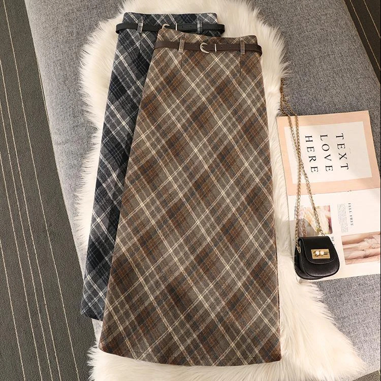 百搭A字格纹格子半身裙秋冬女2025秋季高腰显瘦复古毛呢长裙子