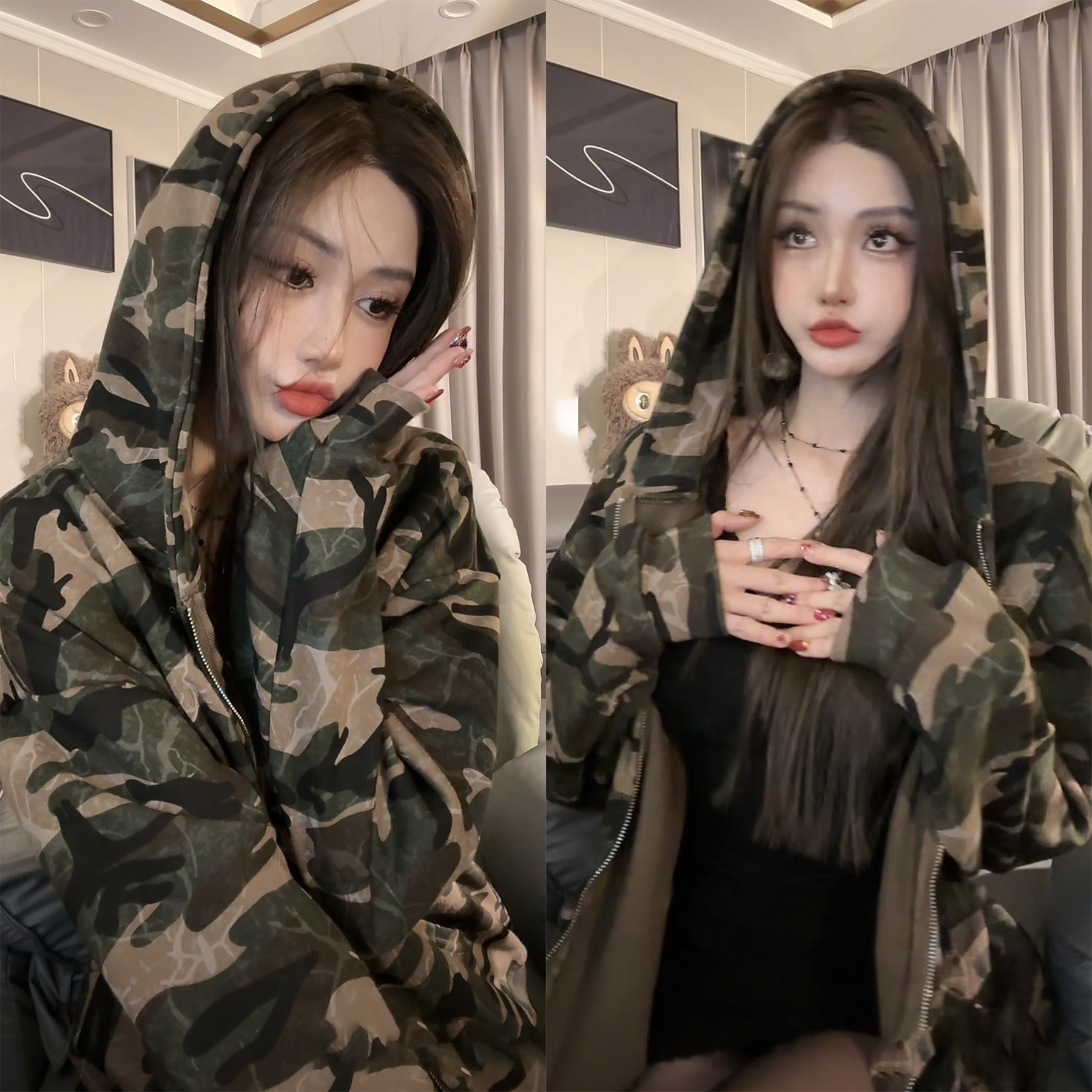 【77定制】♥迷彩♥美式街头秋冬连帽卫衣外套美式复古街头开衫拉链