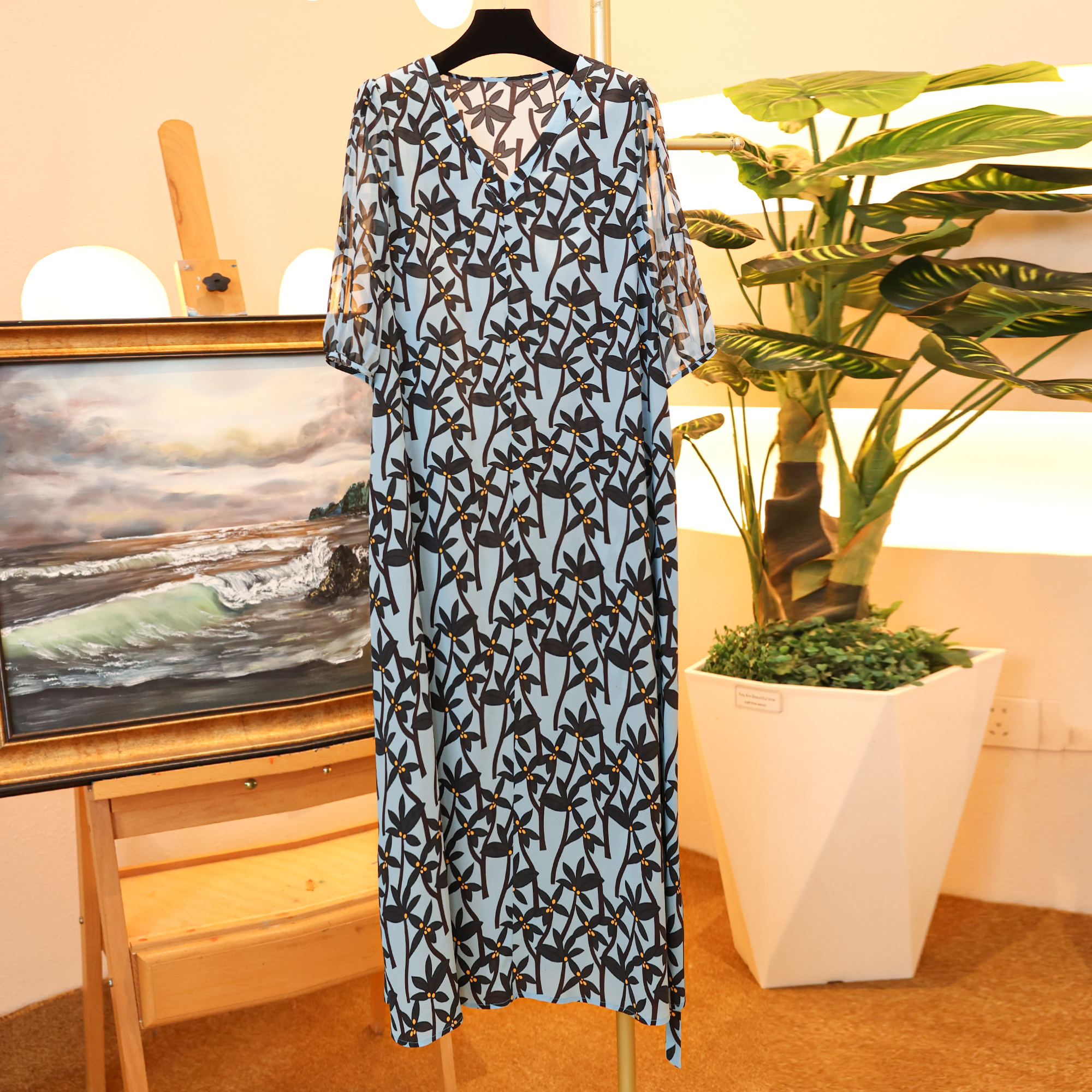 金雀绫【椰海风情】桑蚕丝夏印花气质V领中长款宽松连衣裙B23036