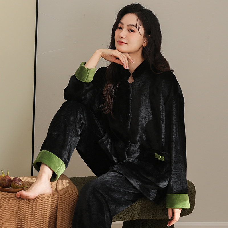 冬季珊瑚绒睡衣女士新中式加厚加绒保暖秋冬法兰绒家居服冬款套装