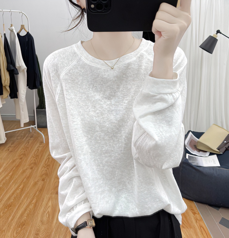 春秋雪花棉白色t恤女秋新款圆领宽松显瘦棉质透气打底衫长袖上衣