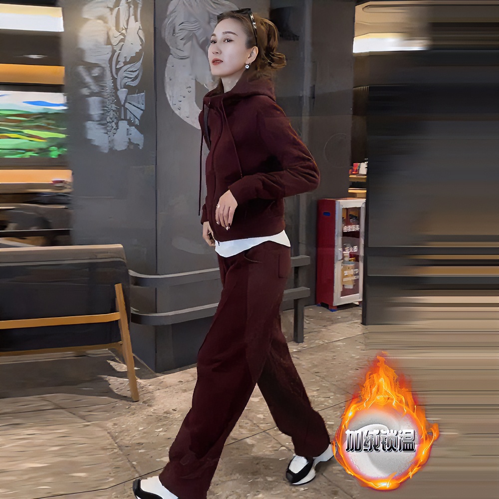酒红色复古时尚加绒加厚套装女2025春季新款连帽卫衣开衫遮肉卫裤