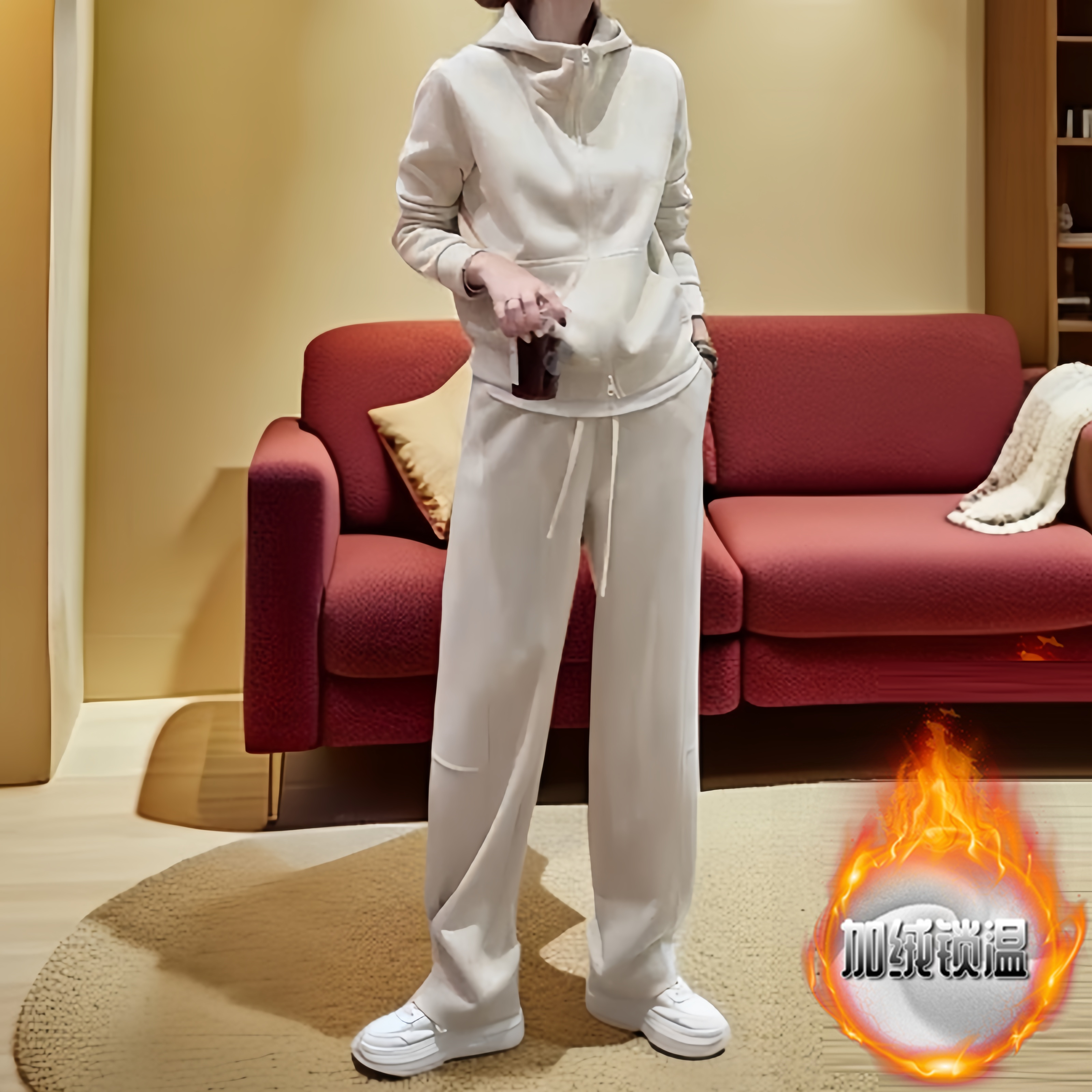 文艺通勤纯色加绒加厚连帽卫衣休闲裤套装女2025冬季新款两件套潮