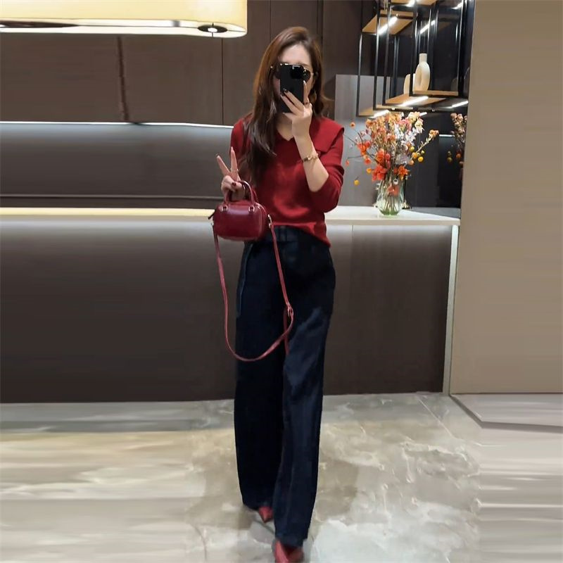 韩版春季休闲时尚套装女2025年设计感洋气针织衫宽松牛仔裤两件套