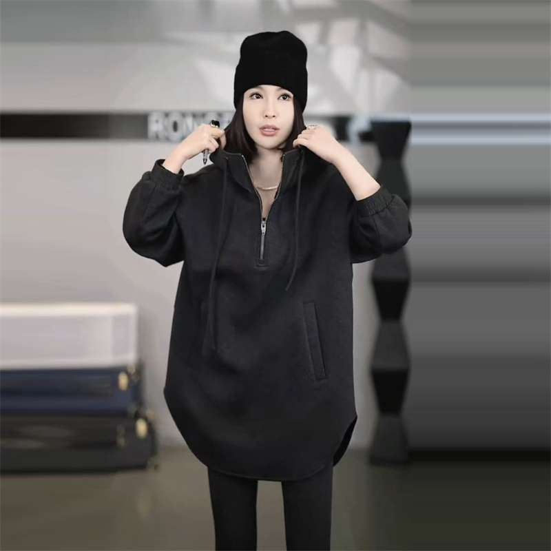 法式高级感纯色连帽设计卫衣女2025春季新款气质百搭中长款上衣潮