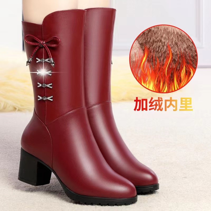 高跟妈妈靴子女秋冬季棉鞋中跟加绒保暖软底防滑中老年中筒靴女鞋