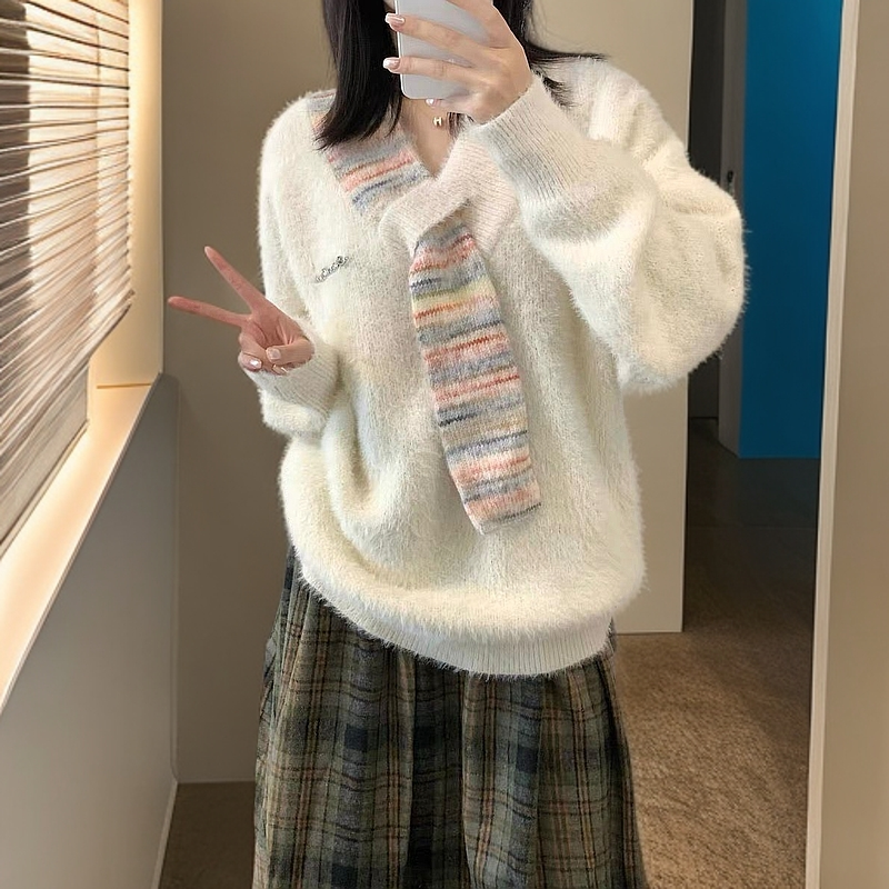 米白色针织衫毛衣女秋冬软糯美式复古慵懒风打底长袖上衣设计感潮