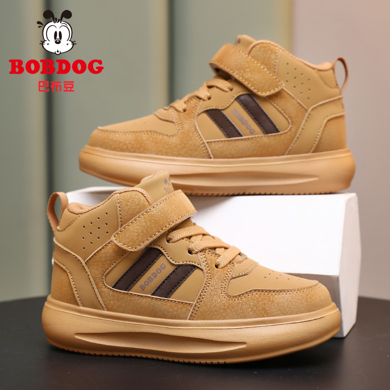 巴布豆童鞋儿童春秋季皮面防水高帮板鞋男女童学生轻便潮款运动鞋