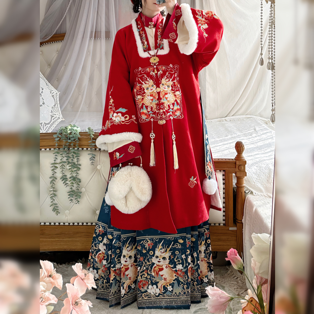 泽芷原创汉服女福运龙龙明制合领长袄加绒加厚刺绣日常马面裙冬款