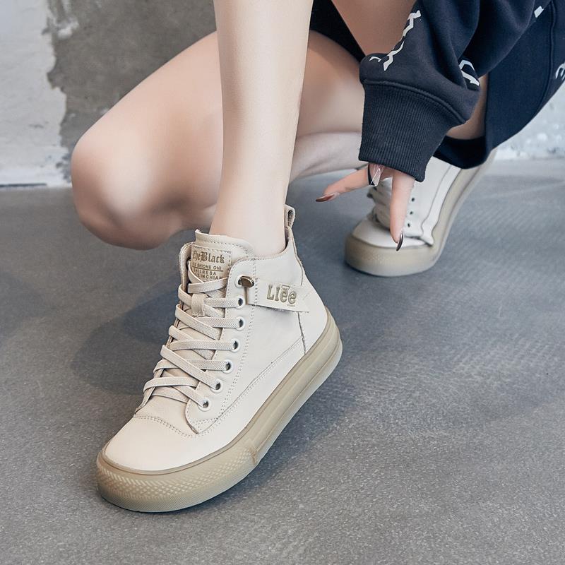 万达撤柜头层牛皮高帮鞋子女新款2025爆款秋冬加绒小白鞋休闲板鞋