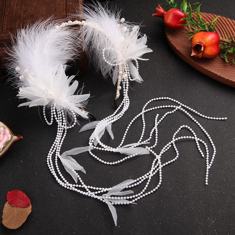 汉服发箍头饰手工演出发冠流苏少女古风仙气白色羽毛发饰懒人头箍