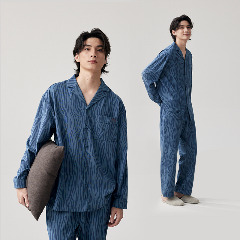 半岛城市睡衣男秋季新款纯棉长袖斑马纹男士家居服高级礼盒套装