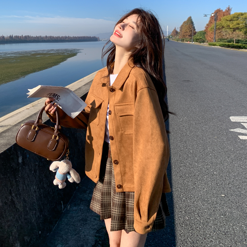 美拉德棕色麂皮绒外套女2025新款爆款韩系宽松小个子短款夹克上衣