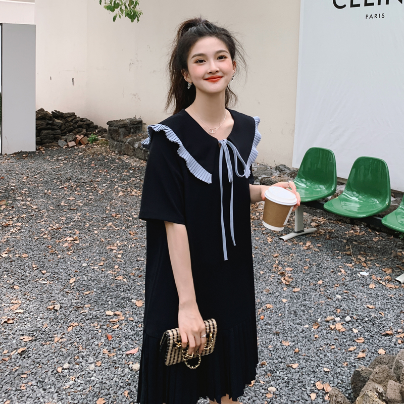 拼色娃娃领连衣裙女2025新款夏季设计感小个子休闲气质减龄中长裙