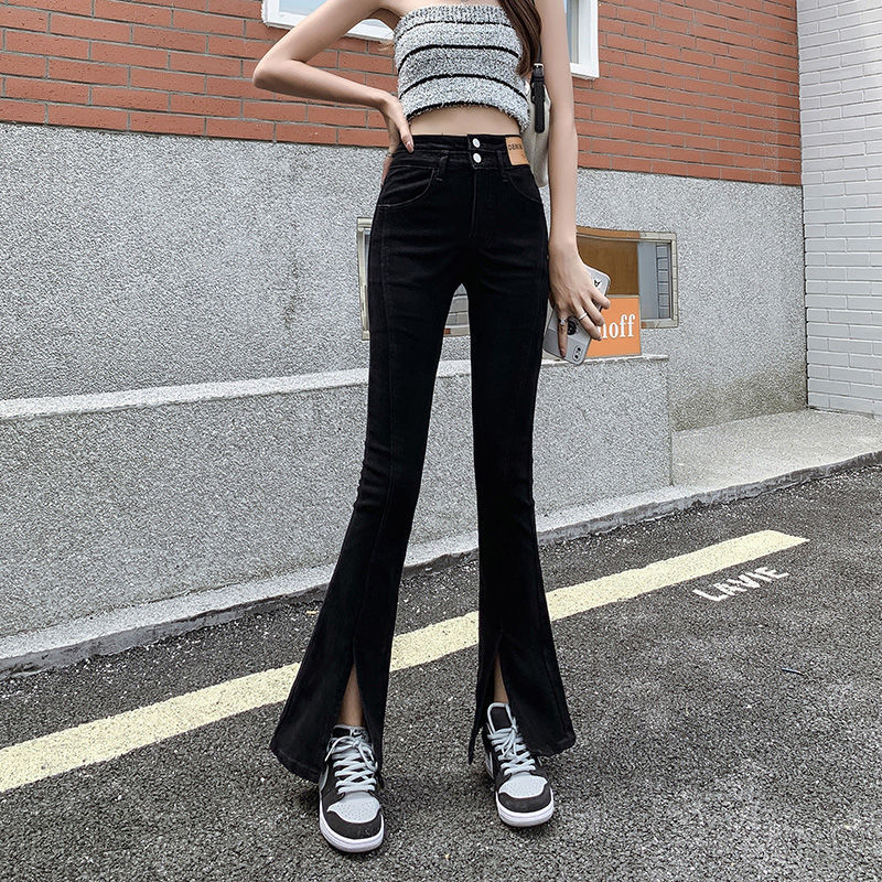 黑色微喇裤女小个子百搭新款爆款梨形身材修身显瘦高腰开叉喇叭裤