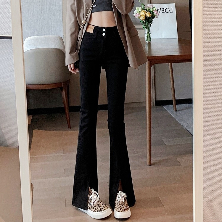 【现货+运费险】高腰开叉微喇裤女春秋显瘦爆款休闲弹力黑色喇叭裤