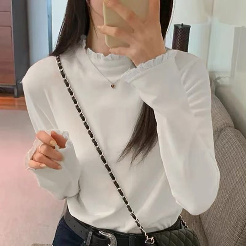 2025秋冬新款时尚德绒花边蕾丝领打底衫高级感拼接上衣长袖T恤女