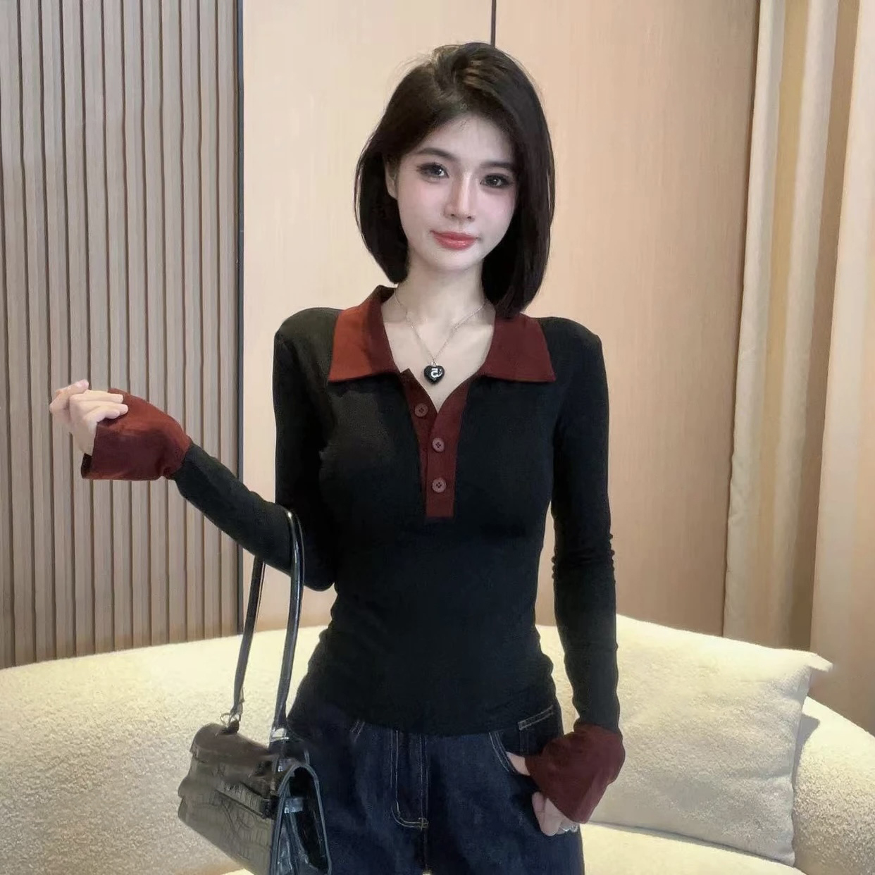 2025秋冬新款polo领气质长袖打底显瘦内搭时尚修身假两件T恤上衣