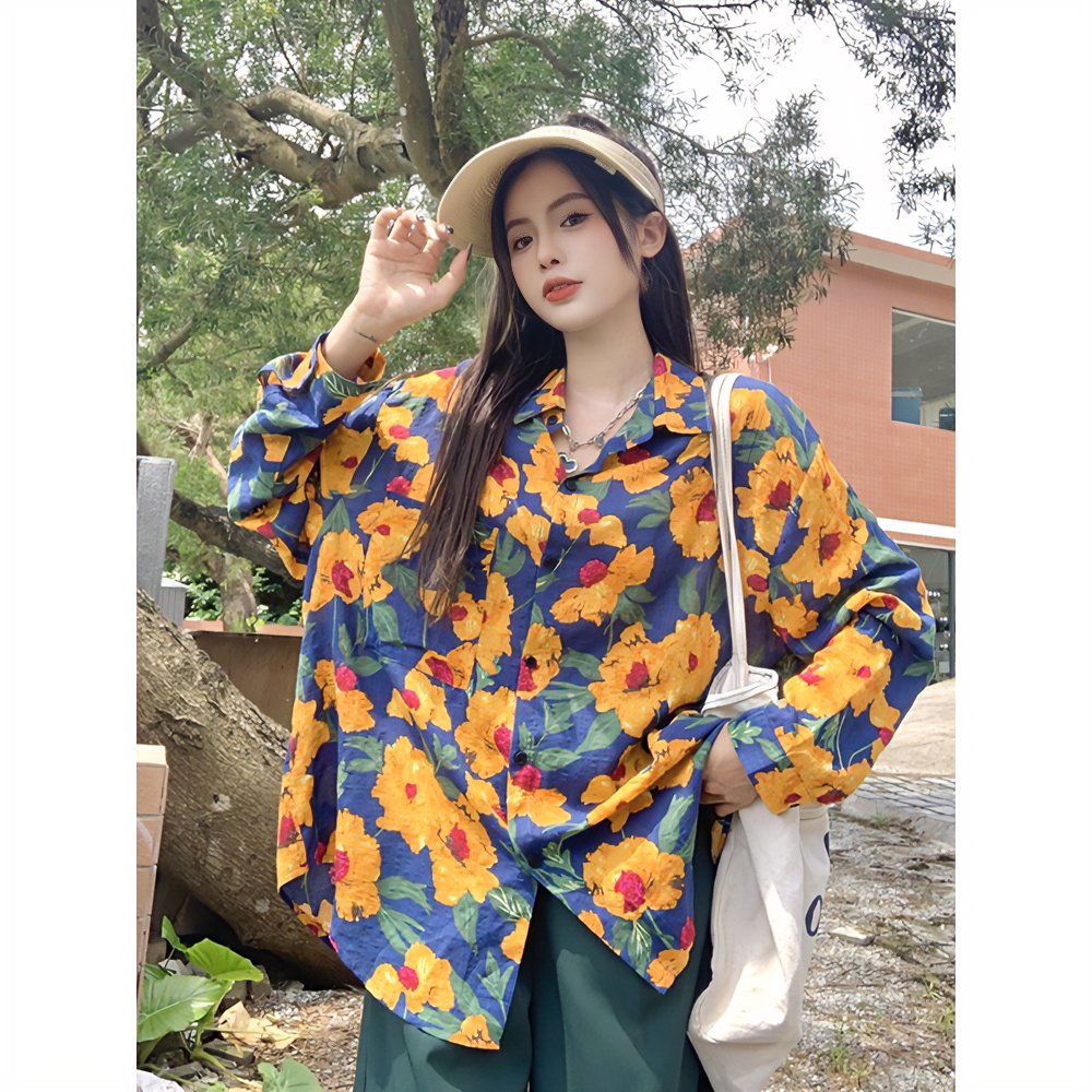 新款橘色印花衬衫女新款复古港风春秋内搭外穿长袖衬衣表演上衣潮
