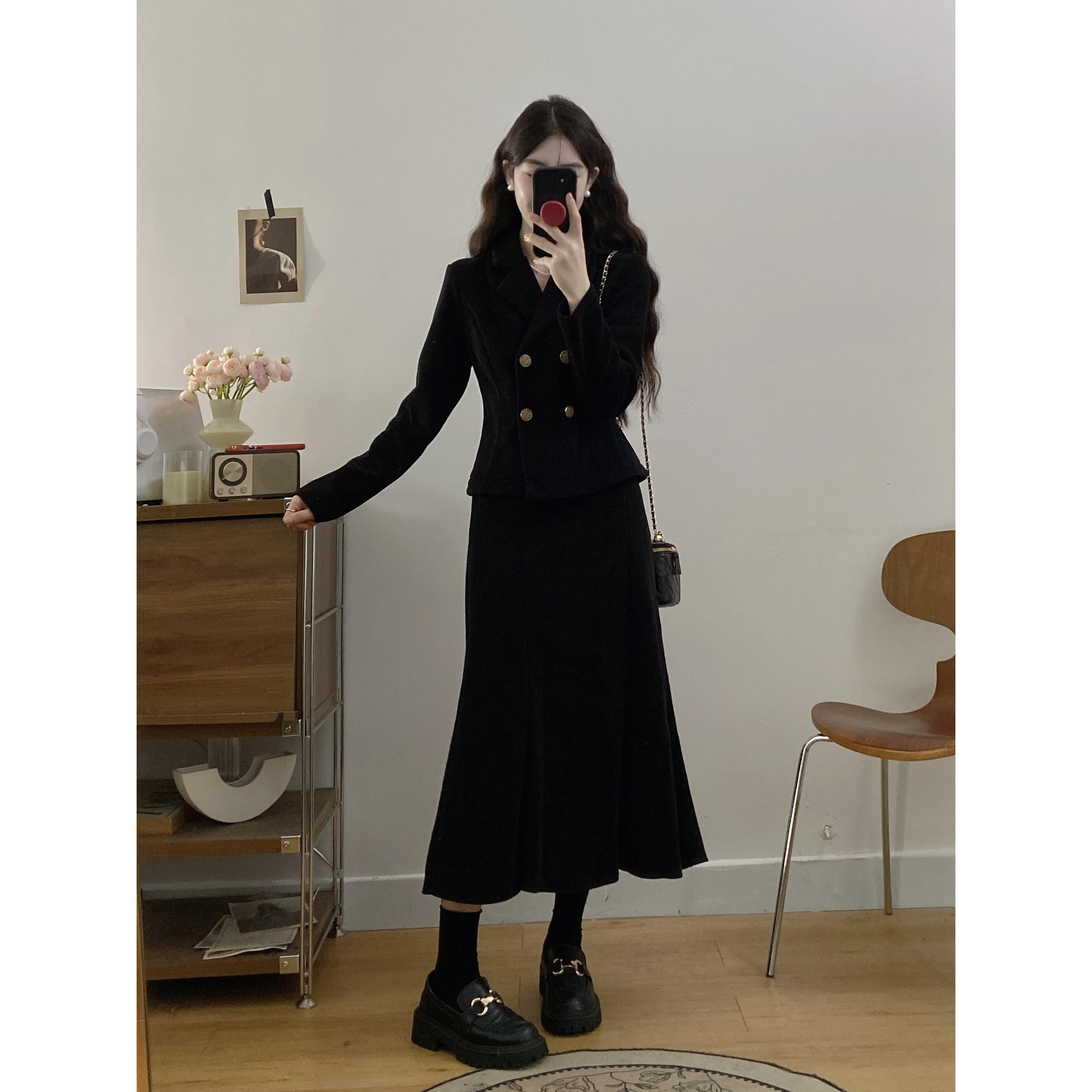 大码女装冬季新款套装女灯芯绒收腰外套+半身裙两件套