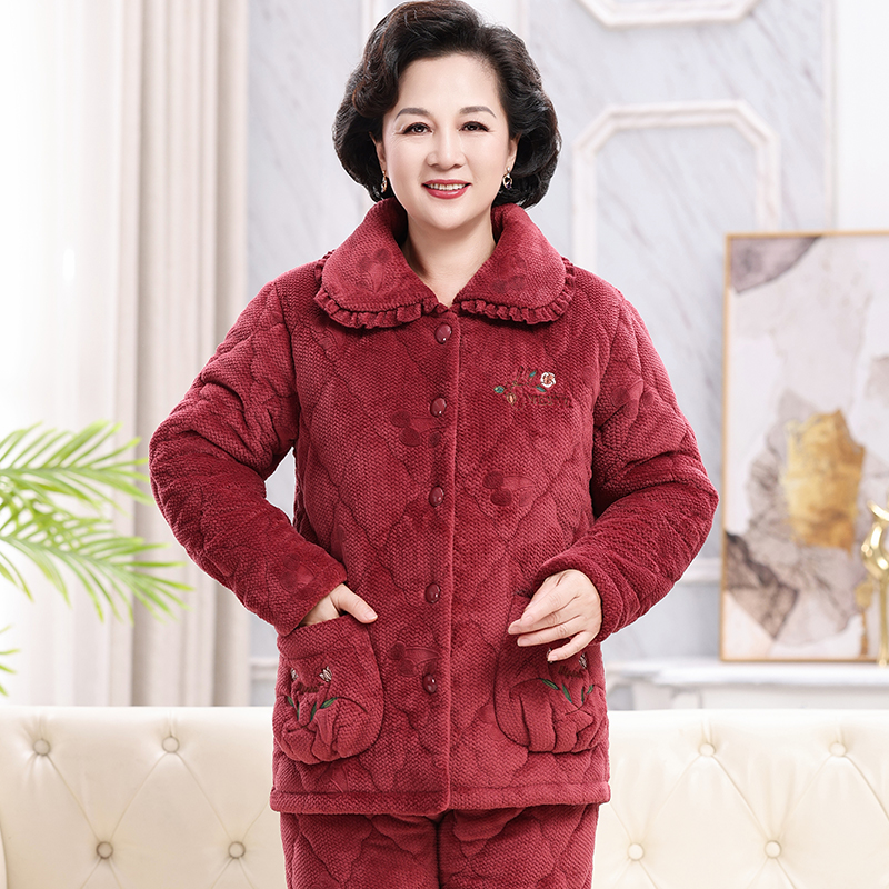 妈妈睡衣女冬季珊瑚绒夹棉中老年保暖家居服加厚加绒老人棉袄套装