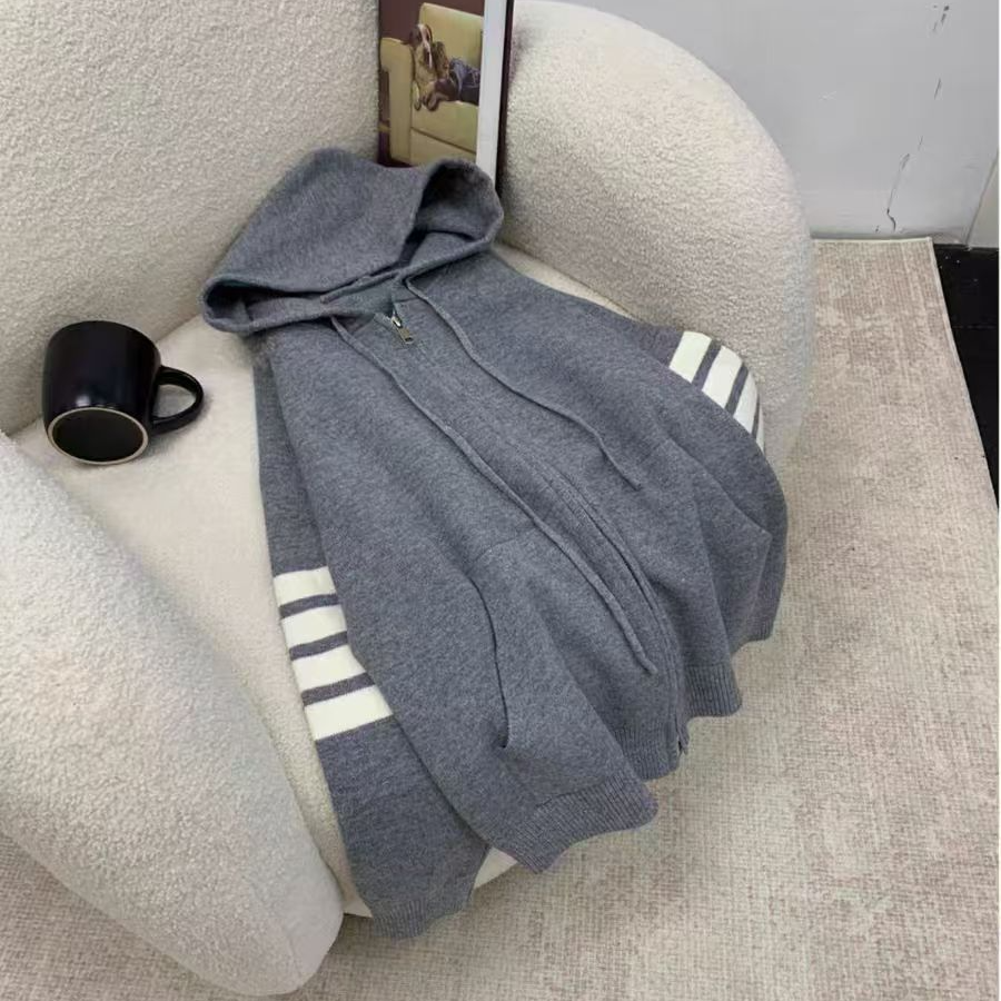韩版时尚宽松休闲运动开衫外套条纹女士拉链连帽针织卫衣百搭