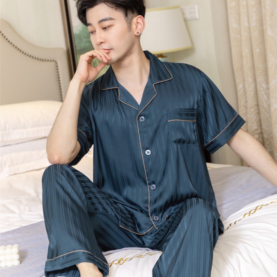 男士春夏季短袖睡衣夏天高端冰雪丝简约宽松大码薄款家居服套装