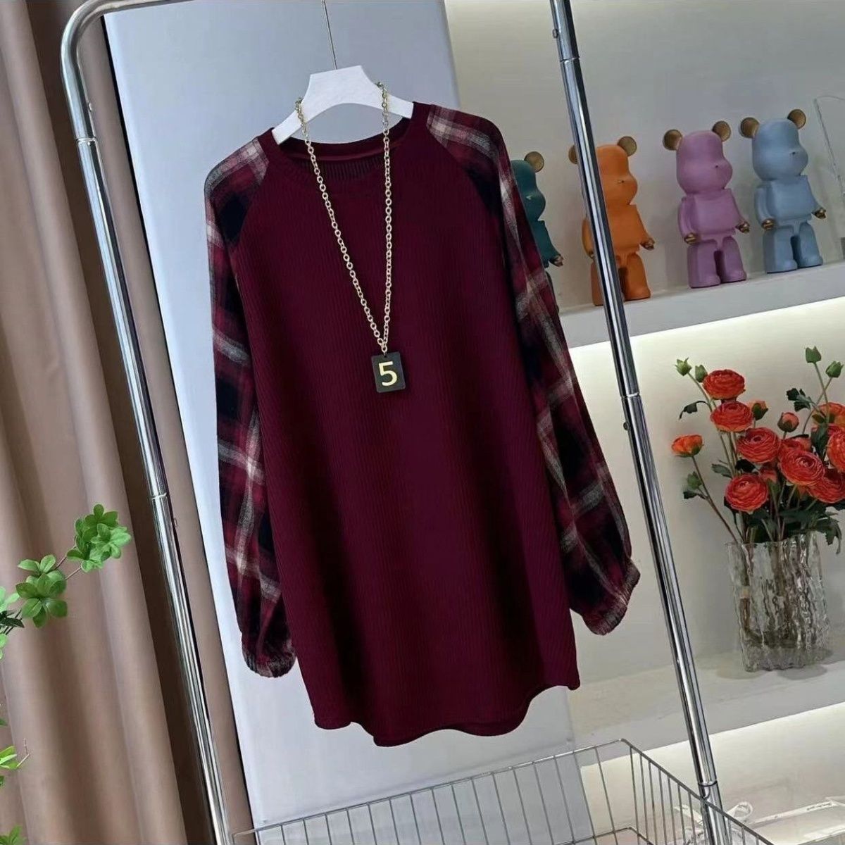 格子袖拼接上衣秋季2025新款宽松显瘦大版洋气中长款圆领套头卫衣