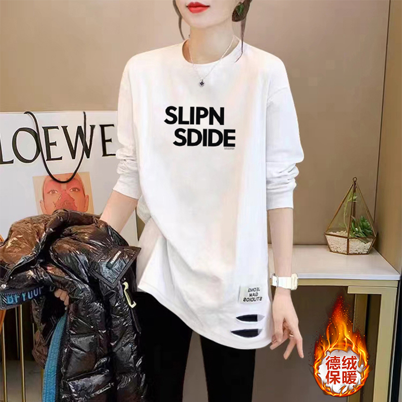 中长款打底衫女双面德绒加绒加厚遮屁股叠穿t恤搭配鲨鱼裤上衣冬