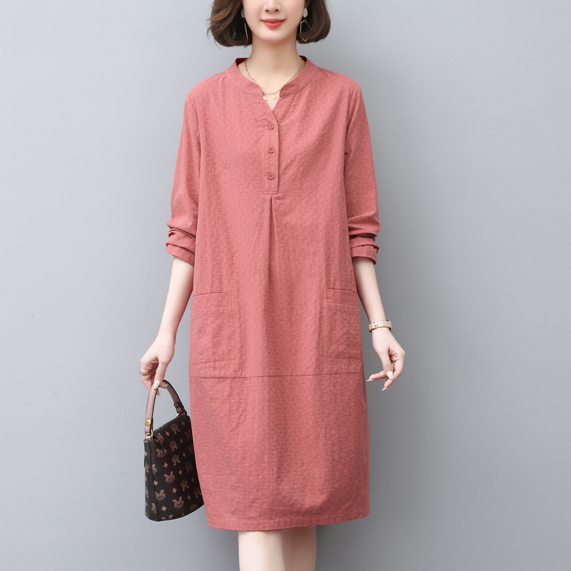 纯棉连衣裙春夏新款韩版休闲大码宽松长袖裙子妈妈洋气时尚A字裙