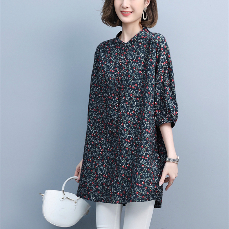 棉麻碎花衬衫中年宽松大码上衣夏季新款休闲气质衬衣时尚洋气外套