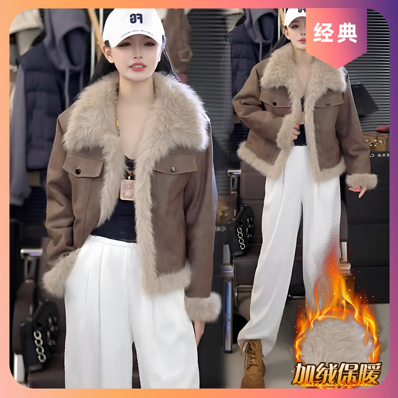 美式复古短款加厚皮毛一体外套女2025秋冬季新款显瘦加绒保暖大衣