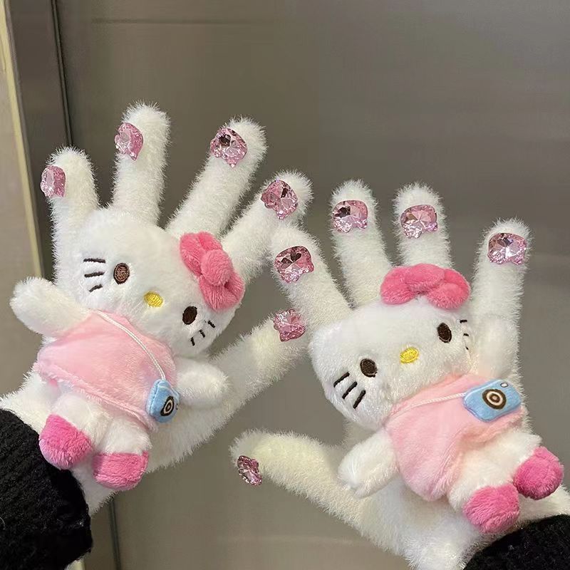 带钻原创KT猫手套冬季保暖水貂毛女可爱骑行五指手套hellokitty