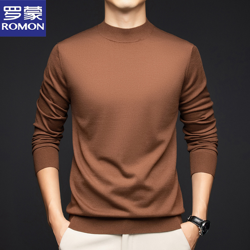 【含桑蚕丝+绵羊毛】罗蒙男士秋冬季休闲半高领毛衣加绒打底针织衫