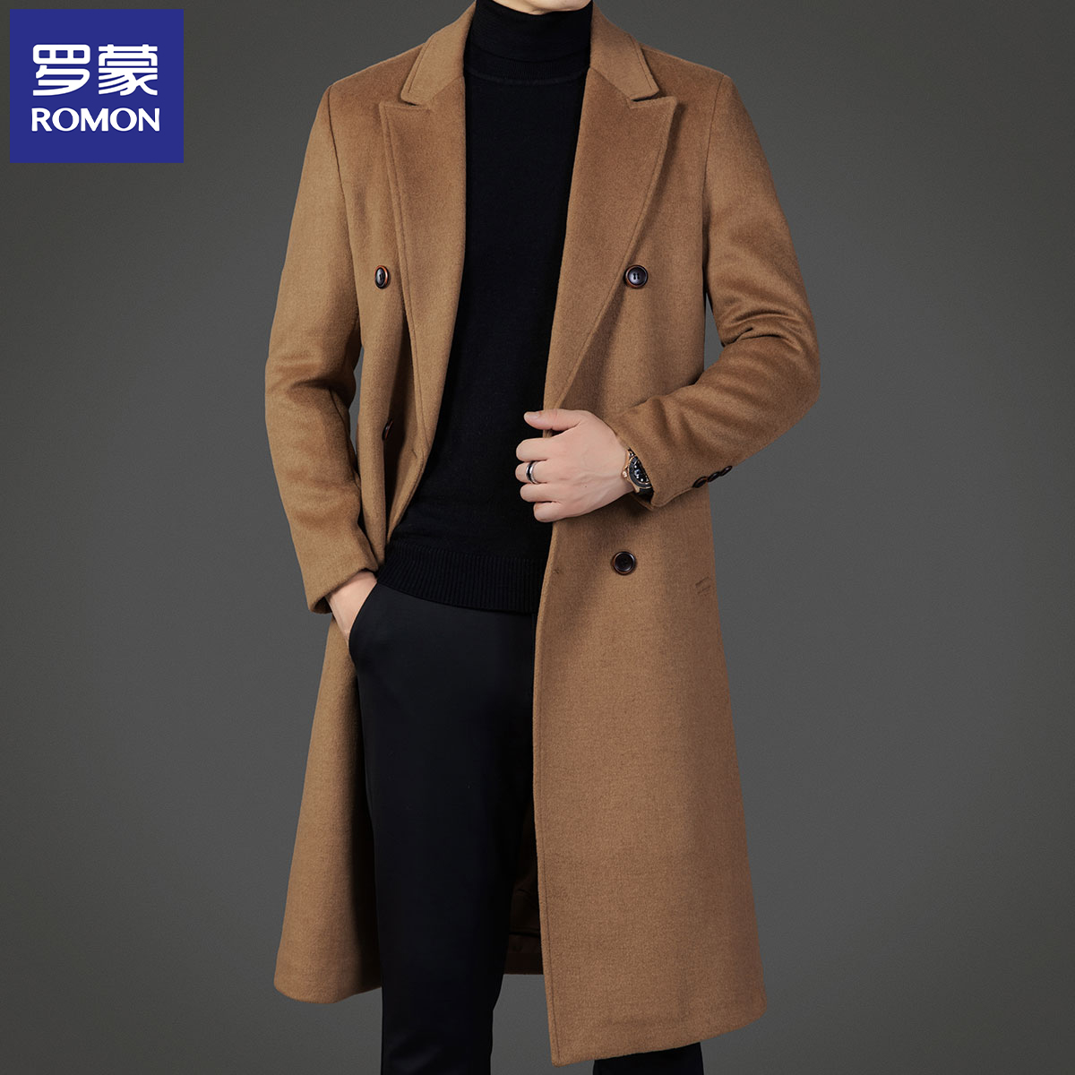 罗蒙秋冬新品加厚款男士长款大衣西装领羊毛呢子风衣气质男士外套
