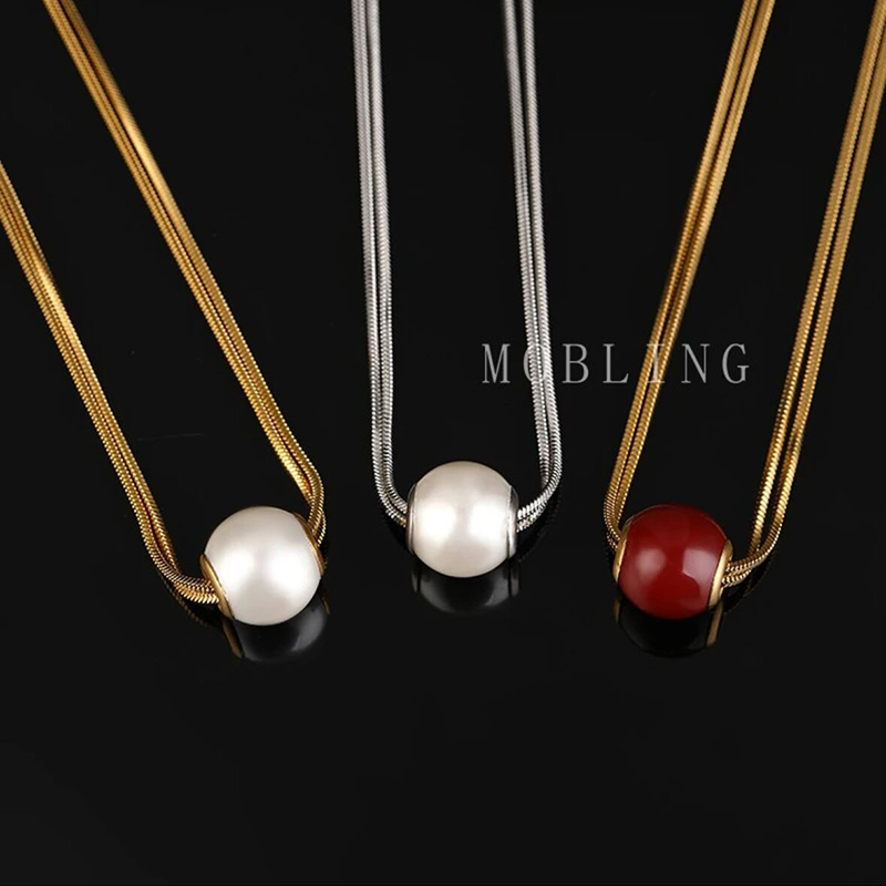 钛钢仿珍珠吊坠 金属风珍珠项链女轻奢小众2024新款钛钢项链