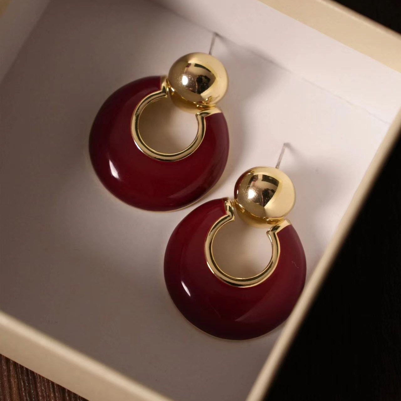 铜合金耳饰 「美人」vintage复古酒红 法式港风高级感时髦几何耳环