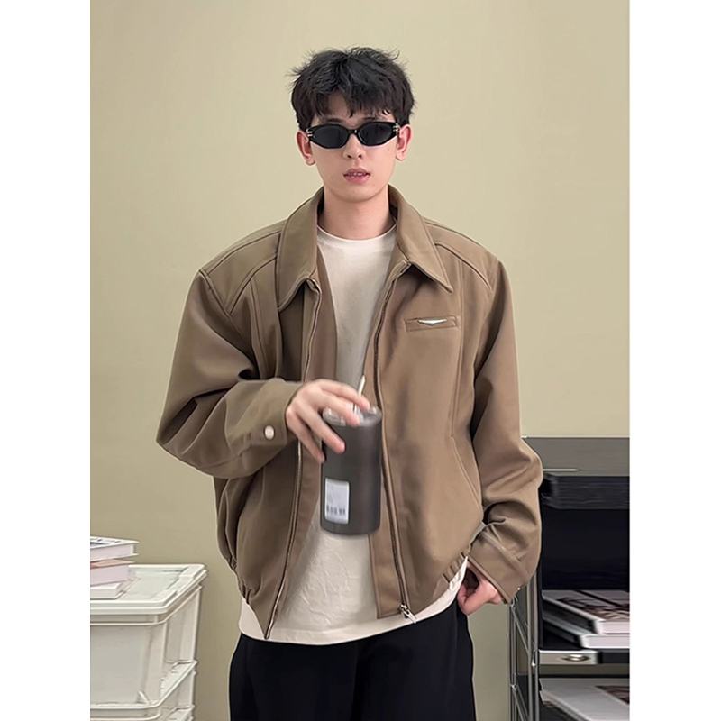 卡其色垫肩短款外套男春秋季潮牌高级感cleanfit棒球服底特律夹克