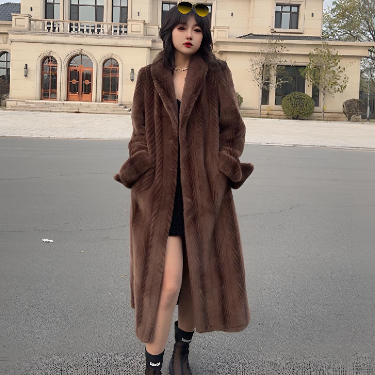 复古女神长款仿水貂毛纯欲风格高级设计保暖皮草外套女冬